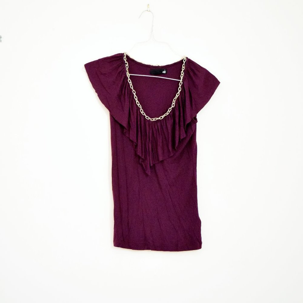 Eggplant Purple Chain Trimmed Ruffle Scoop Neck T-shirt | Size S